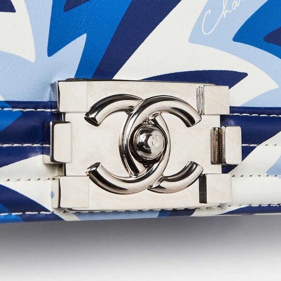 Chanel Blue/White Printed Leather Small Boy Bag - Picture 5 of 10